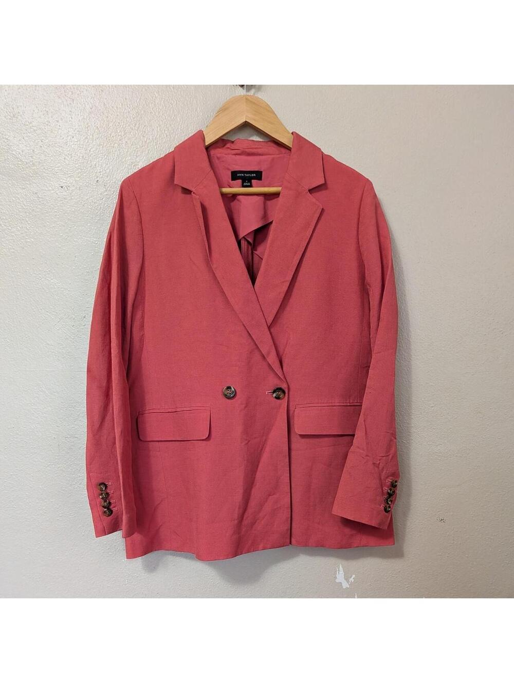 NWOT Ann Taylor Peach Coral Pink Double-Breasted Linen Blazer Size 6